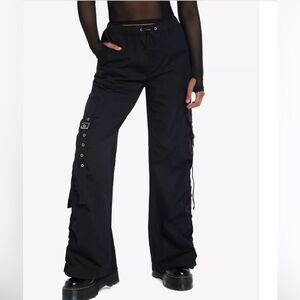 Black Grommet Strap Wide Leg Parachute Pants